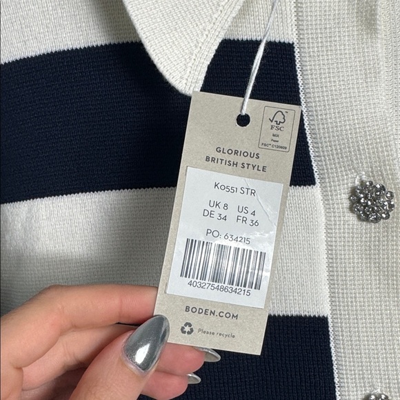 NWT Boden Jewel Button Collared Cardigan White Blue Striped Size 4 - Picture 7 of 13